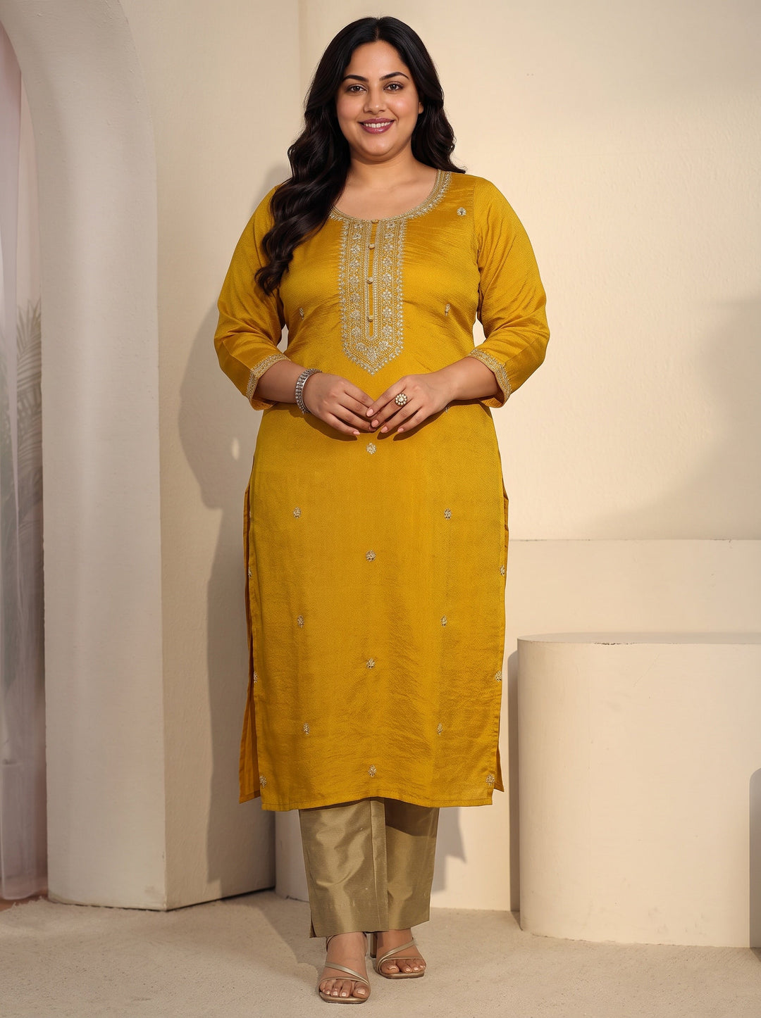  Plus Size Mustard Floral Embroidered Silk Blend Straight Kurta 