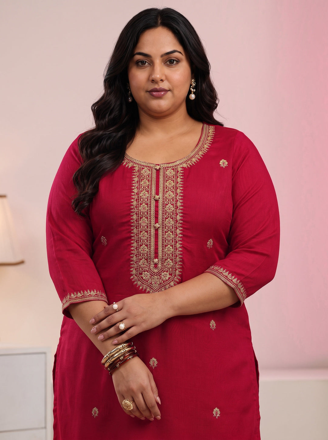  Plus Size Red Floral Embroidered Silk Blend Straight Kurta 