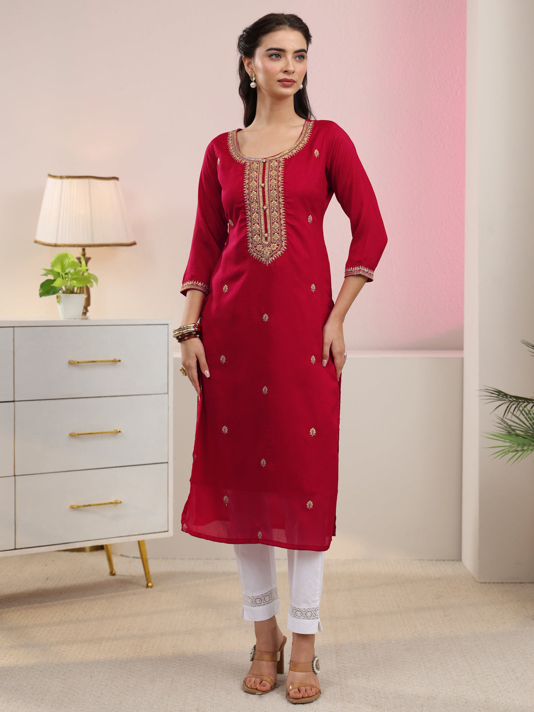  Libas Red Floral Embroidered Silk Blend Straight Kurta 