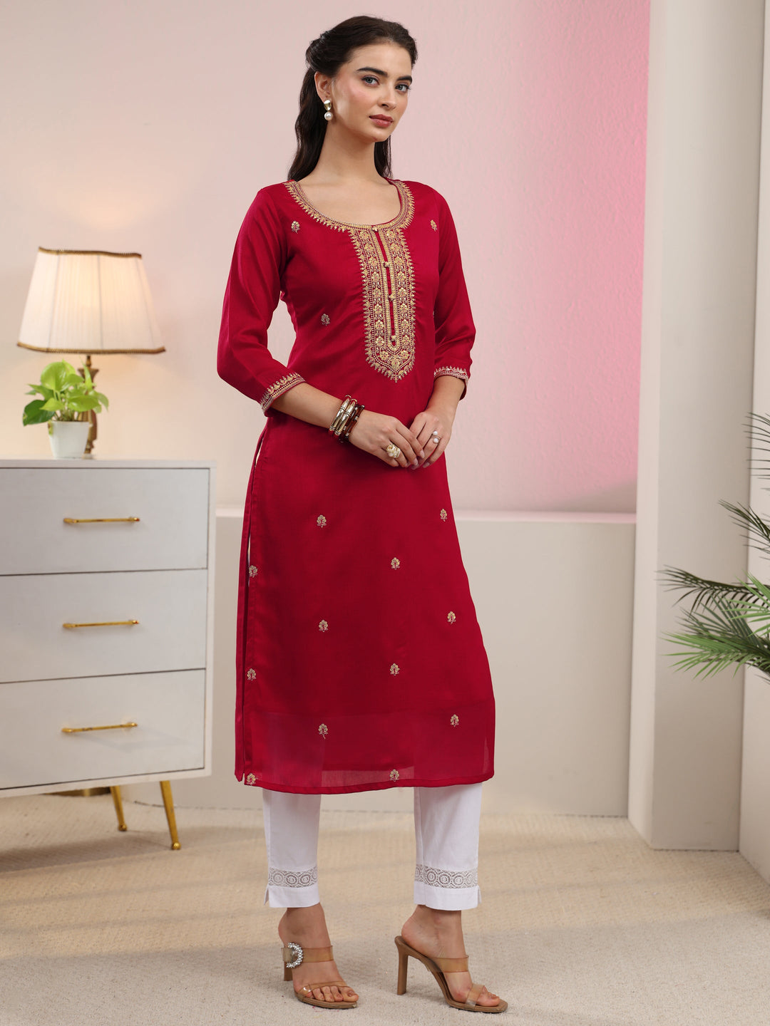  Libas Red Floral Embroidered Silk Blend Straight Kurta 