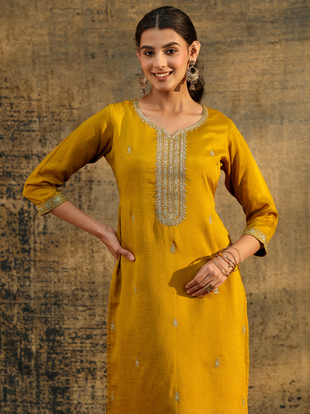  Libas Mustard Embroidered Silk Blend Straight Kurta 