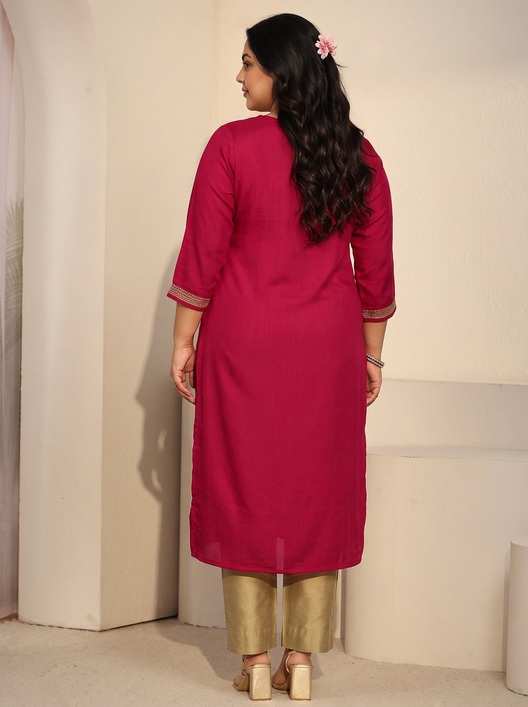 Plus Size Red Floral Embroidered Silk Blend Straight Kurta 