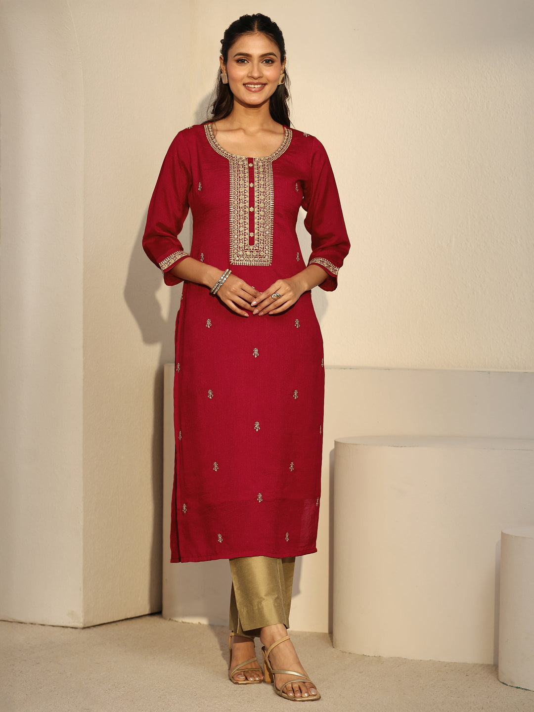  Libas Red Floral Embroidered Silk Blend Straight Kurta 