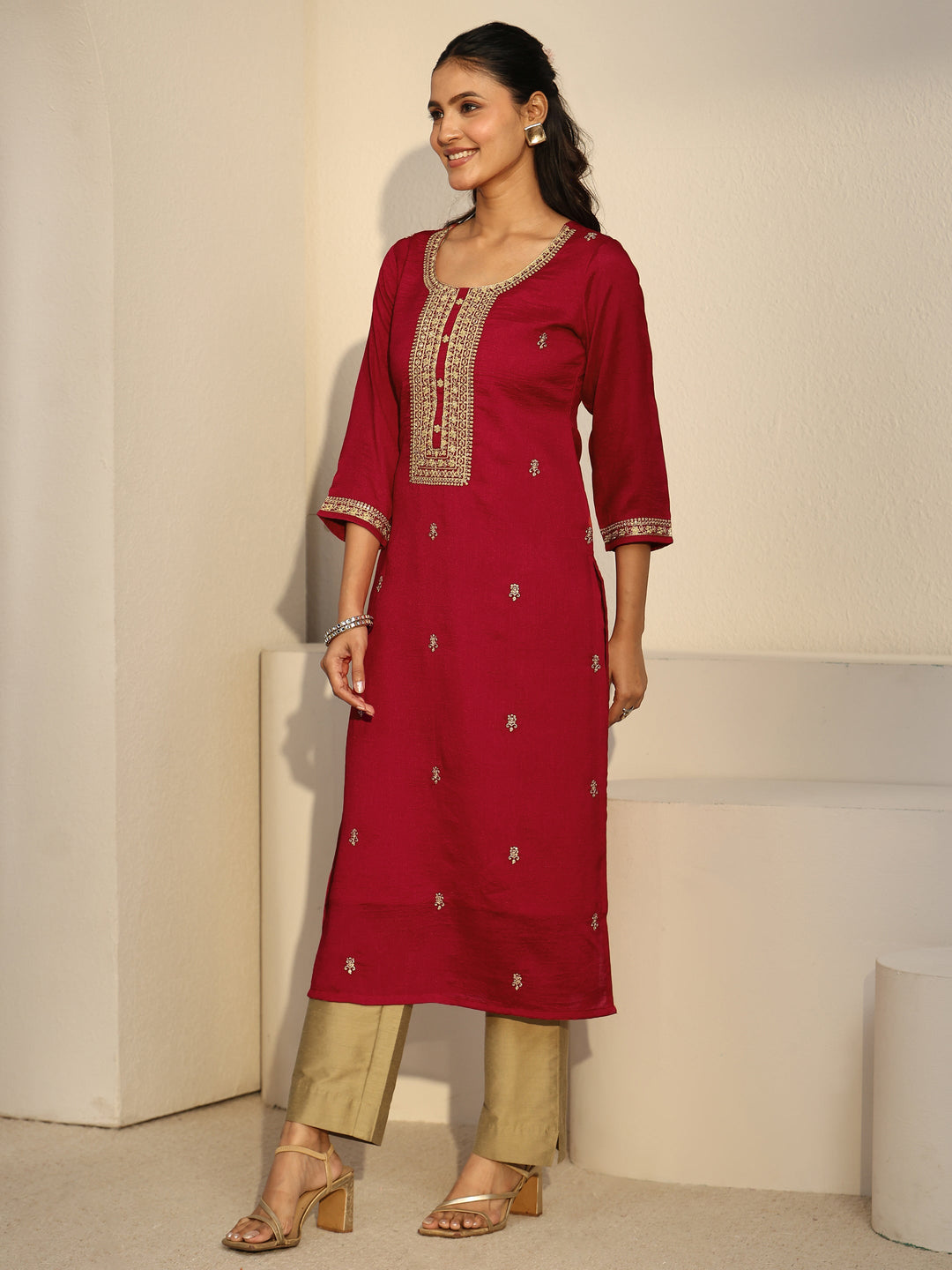  Libas Red Floral Embroidered Silk Blend Straight Kurta 