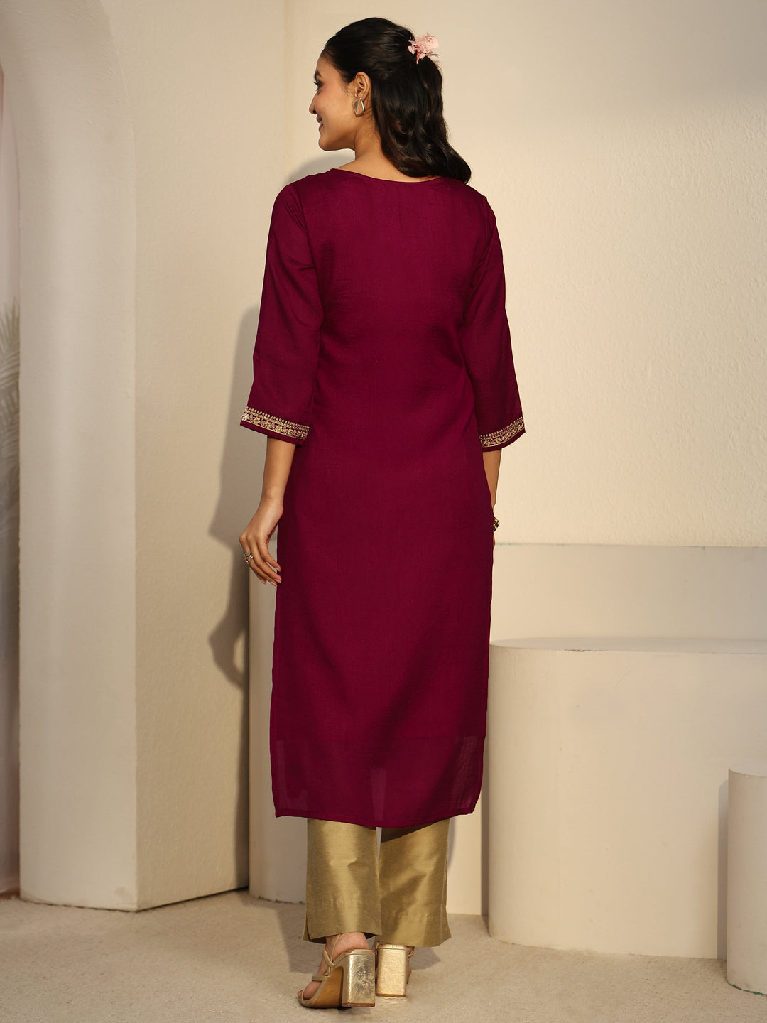 Libas Maroon Floral Embroidered Silk Blend Straight Kurta 