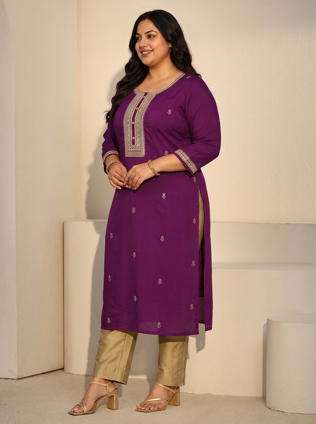  Plus Size Aubergine Purple Floral Embroidered Silk Blend Straight Kurta 