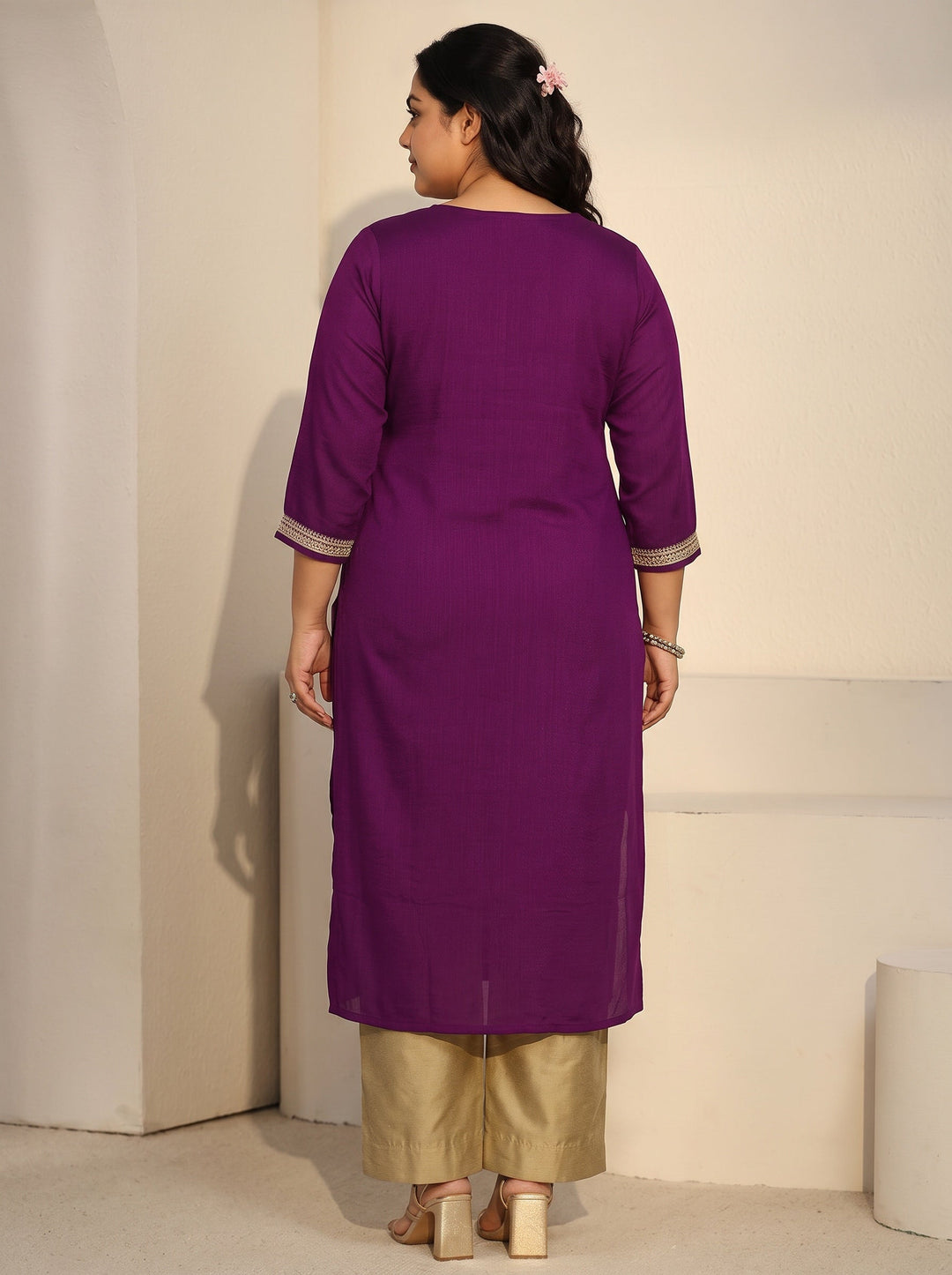  Plus Size Aubergine Purple Floral Embroidered Silk Blend Straight Kurta 