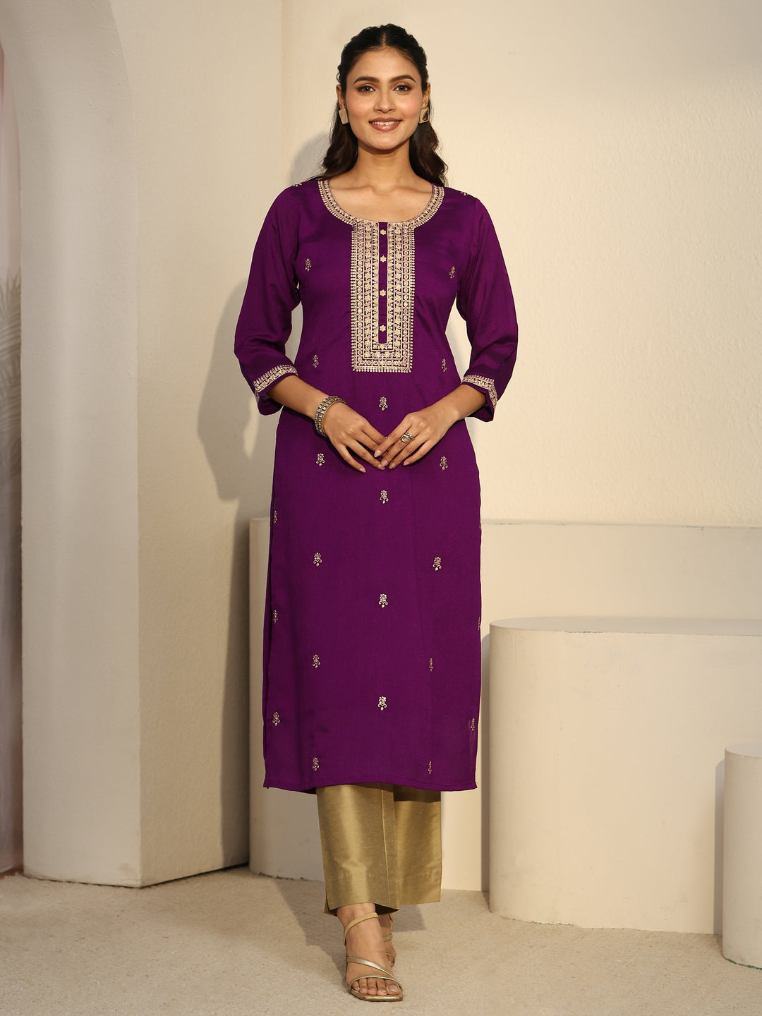 Libas Aubergine Purple Floral Embroidered Silk Blend Straight Kurta 