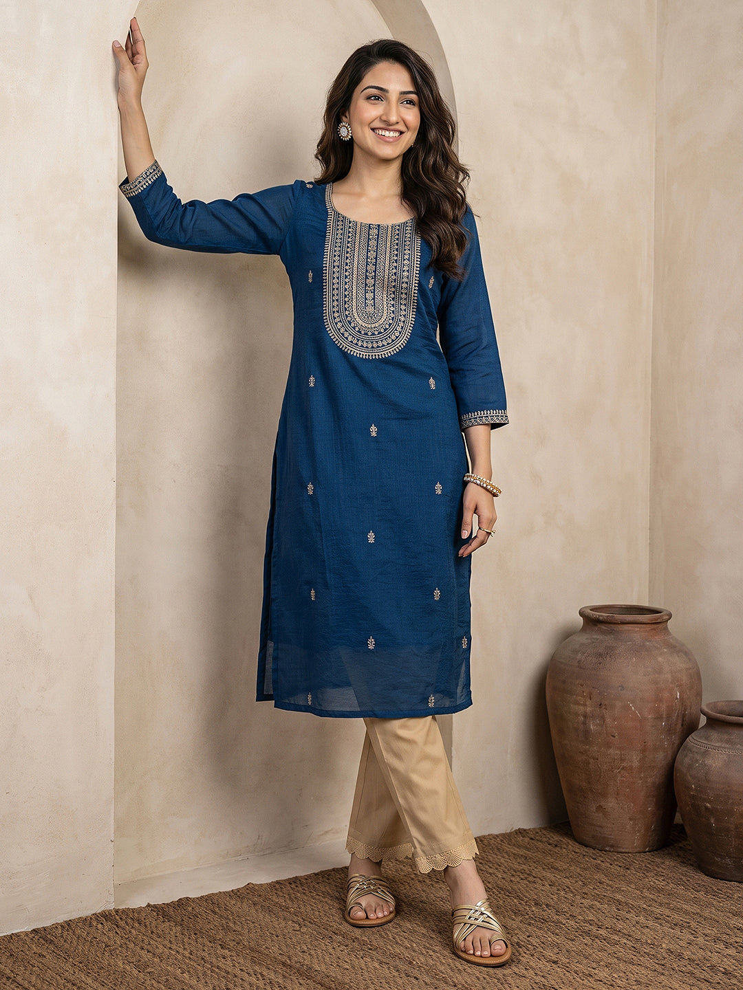  Libas Navy Blue Yoke Design Embroidered Silk Blend Straight Kurta 