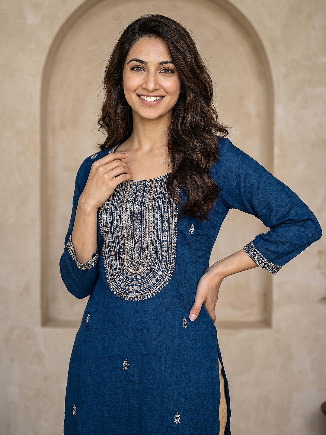 Libas Navy Blue Yoke Design Embroidered Silk Blend Straight Kurta 