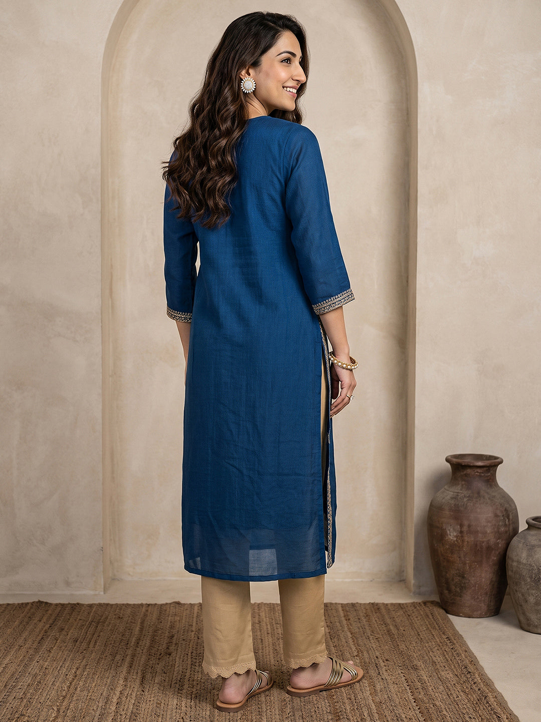  Libas Navy Blue Yoke Design Embroidered Silk Blend Straight Kurta 