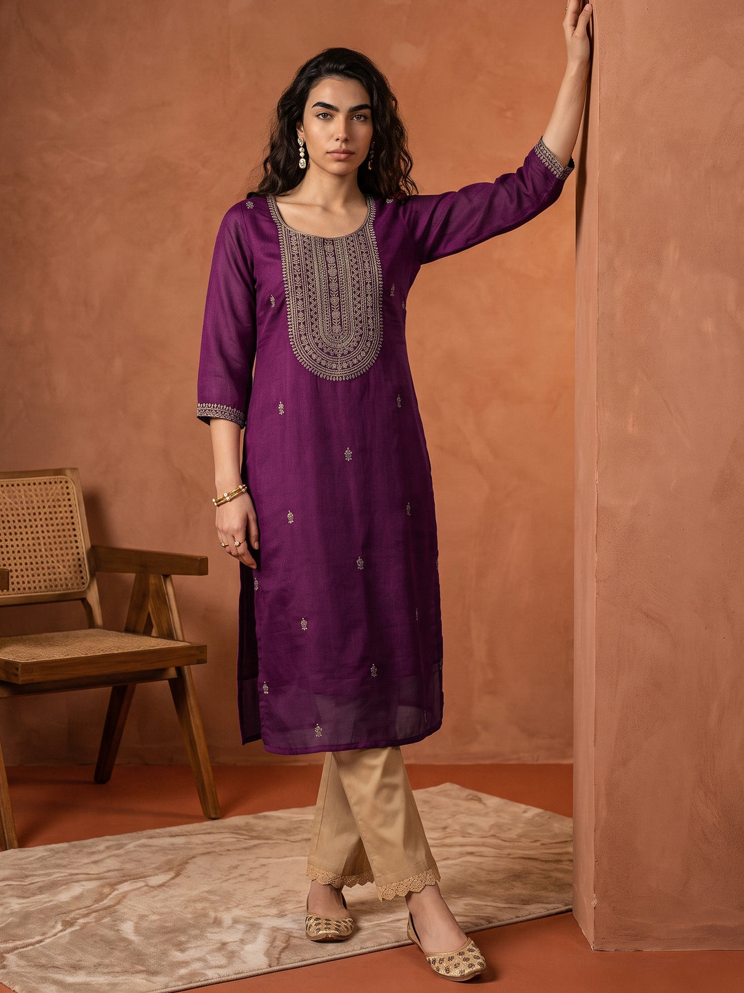  Libas Plum Purple Yoke Design Embroidered Silk Blend Straight Kurta 
