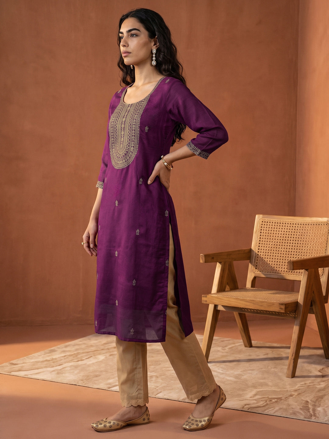  Libas Plum Purple Yoke Design Embroidered Silk Blend Straight Kurta 