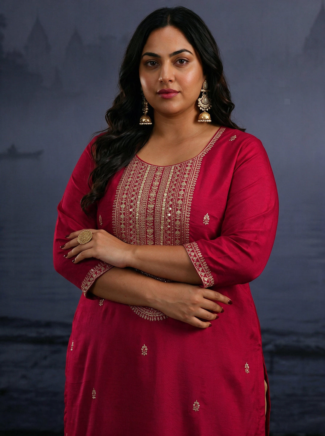  Plus Size Red Yoke Design Embroidered Silk Blend Straight Kurta 