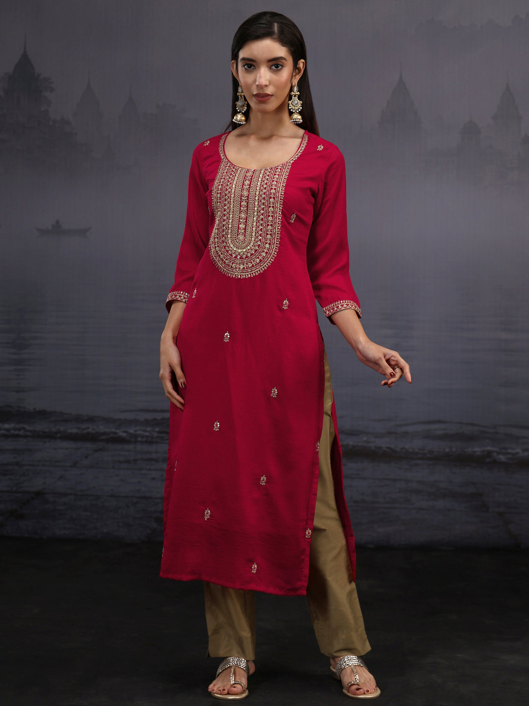  Libas Ruby Red Yoke Embroidered Silk Blend Straight Kurta 