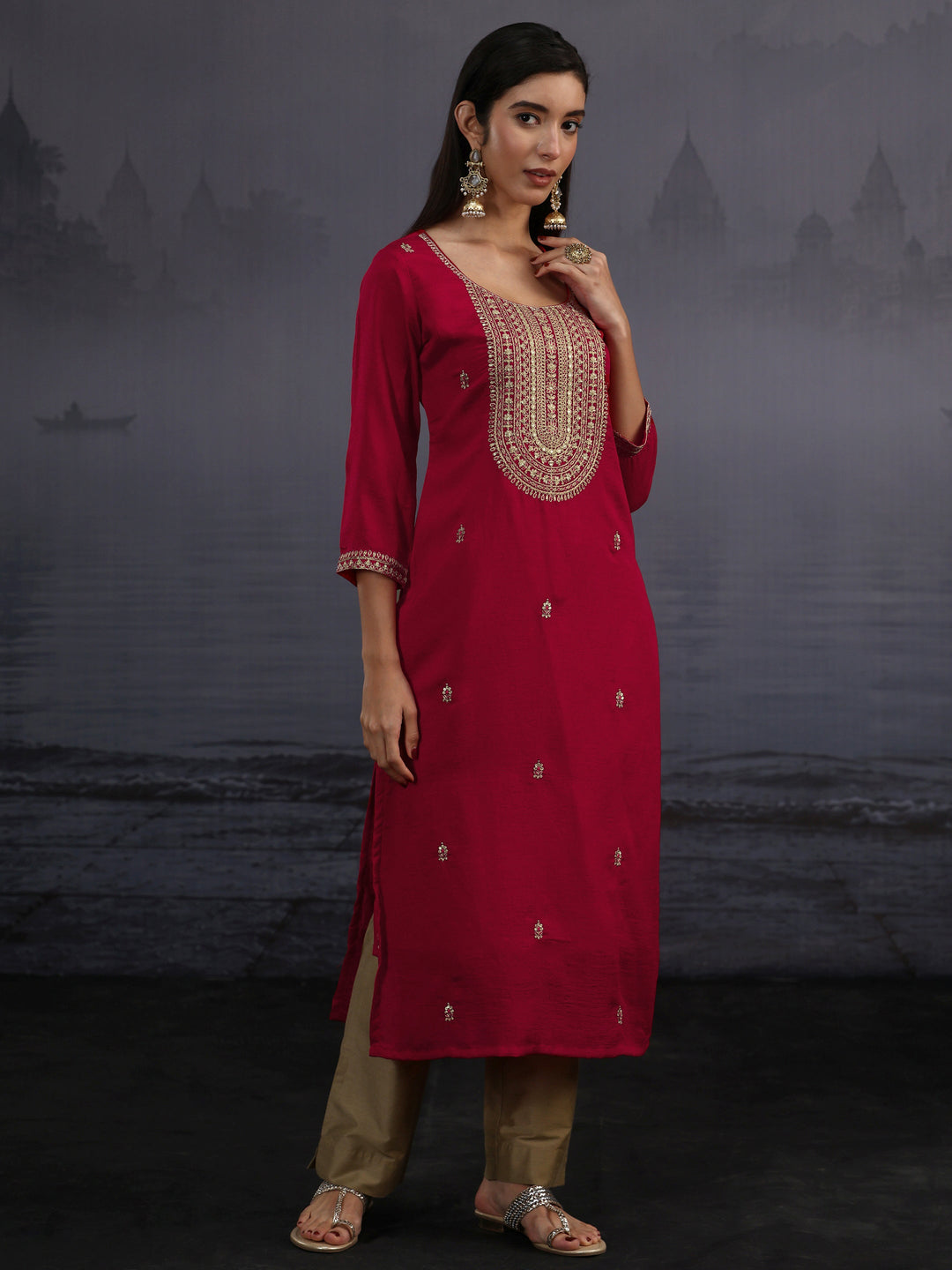  Libas Ruby Red Yoke Embroidered Silk Blend Straight Kurta 