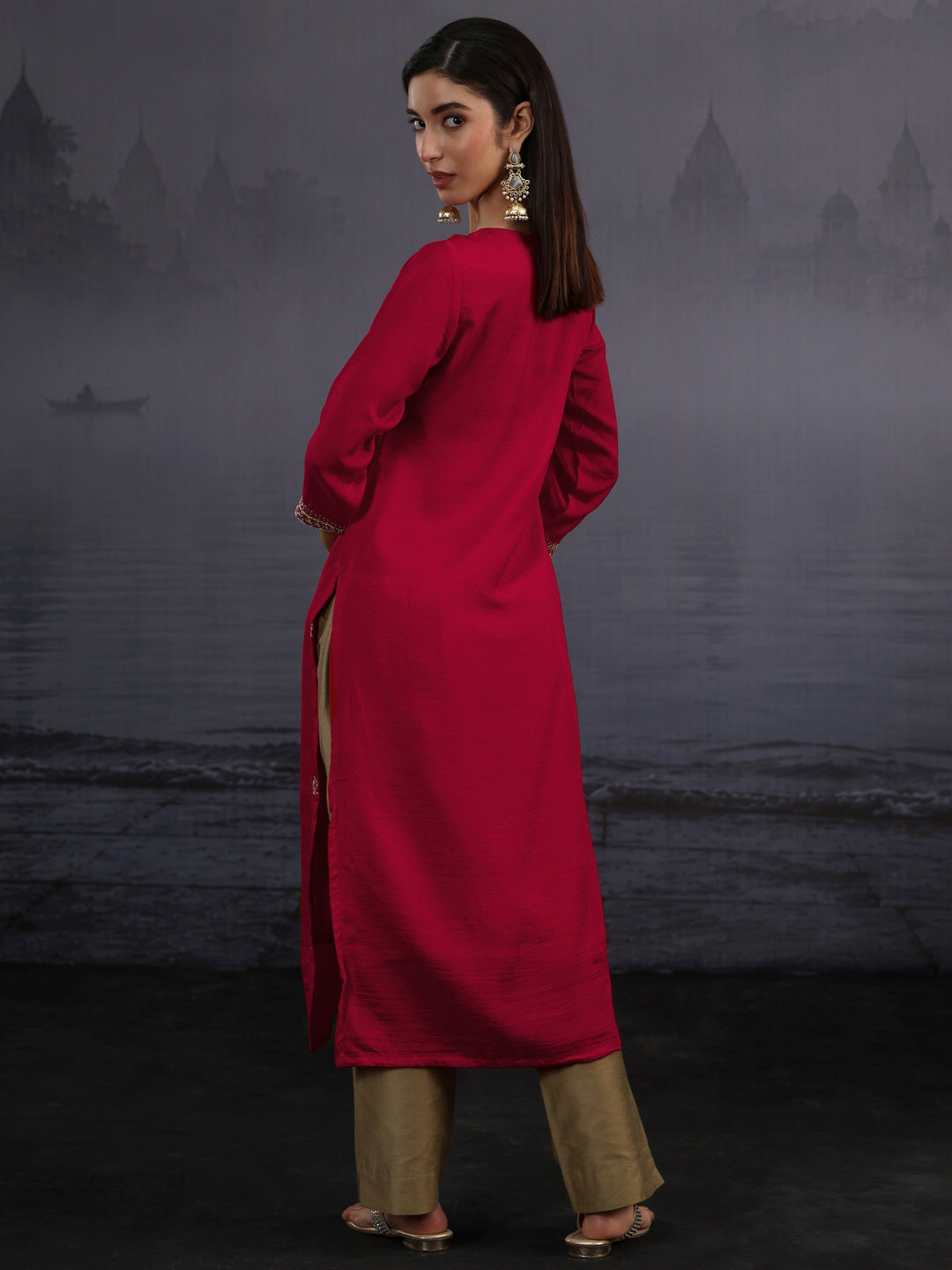  Libas Ruby Red Yoke Embroidered Silk Blend Straight Kurta 