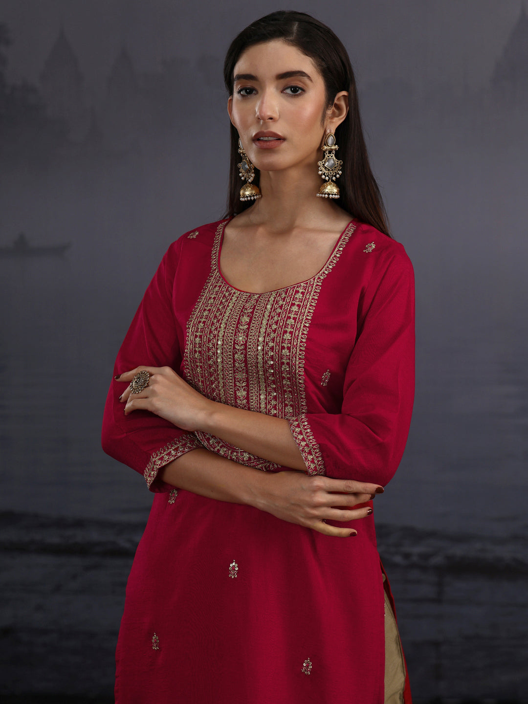  Libas Ruby Red Yoke Embroidered Silk Blend Straight Kurta 