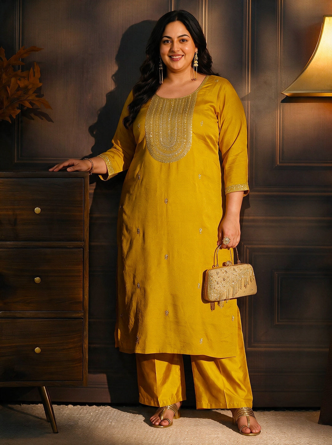  Plus Size Mustard Yoke Embroidered Silk Blend Straight Kurta 