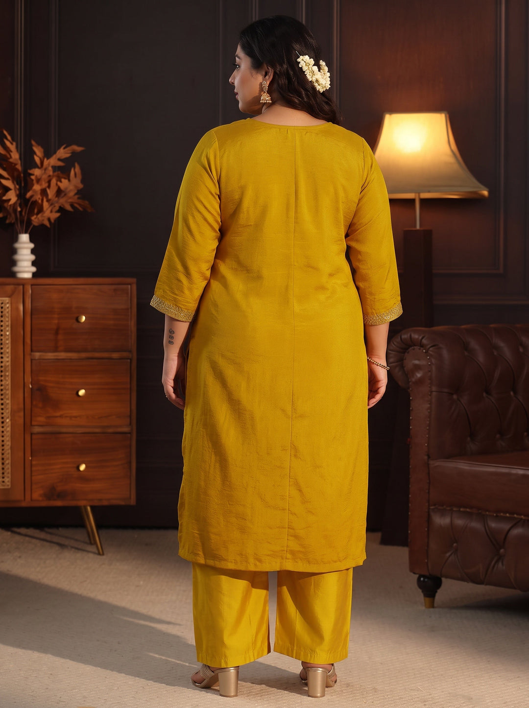  Plus Size Mustard Yoke Embroidered Silk Blend Straight Kurta 