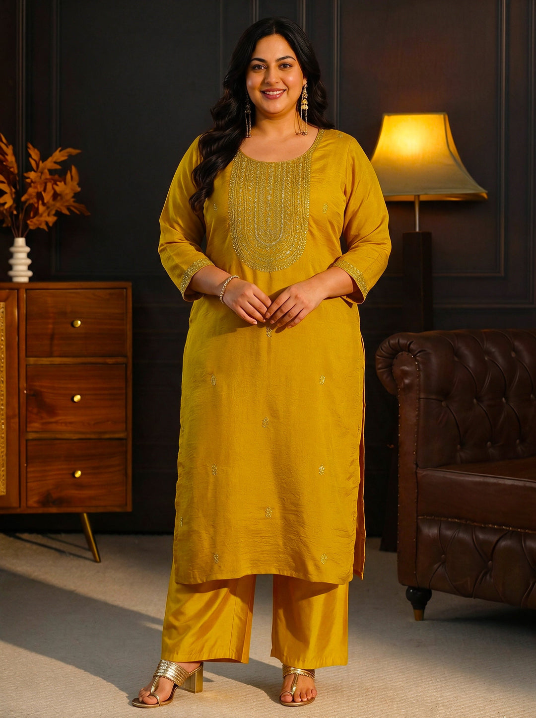  Plus Size Mustard Yoke Embroidered Silk Blend Straight Kurta 