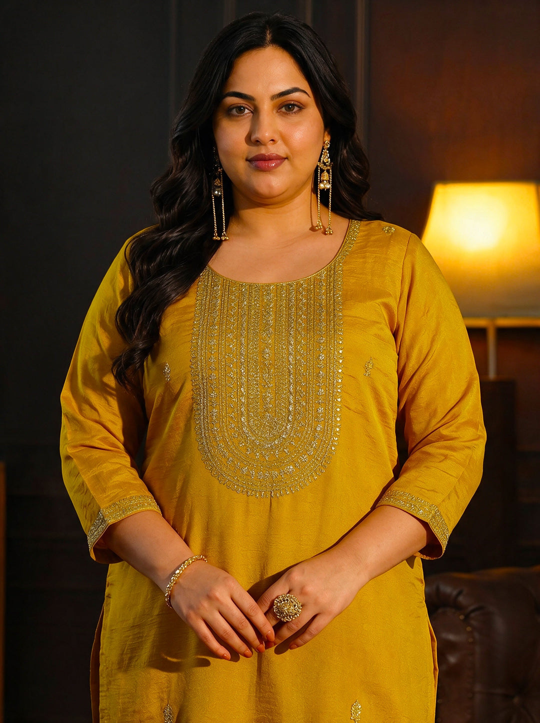  Plus Size Mustard Yoke Embroidered Silk Blend Straight Kurta 