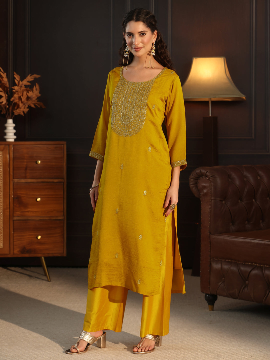  Libas Mustard Yoke Embroidered Silk Blend Straight Kurta 