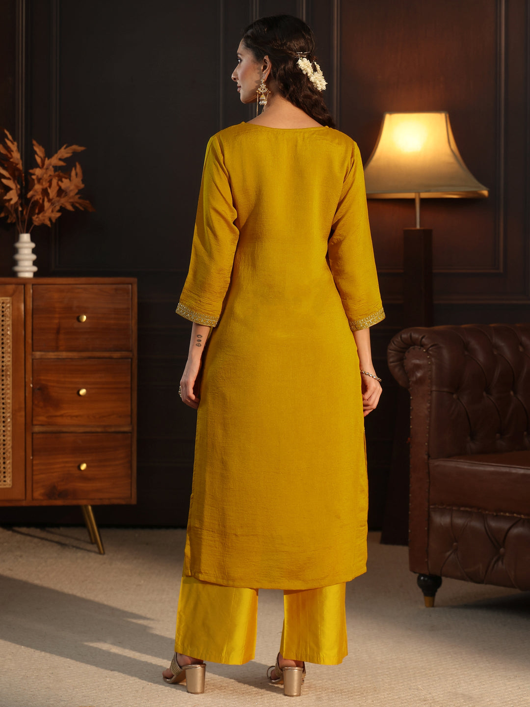  Libas Mustard Yoke Embroidered Silk Blend Straight Kurta 