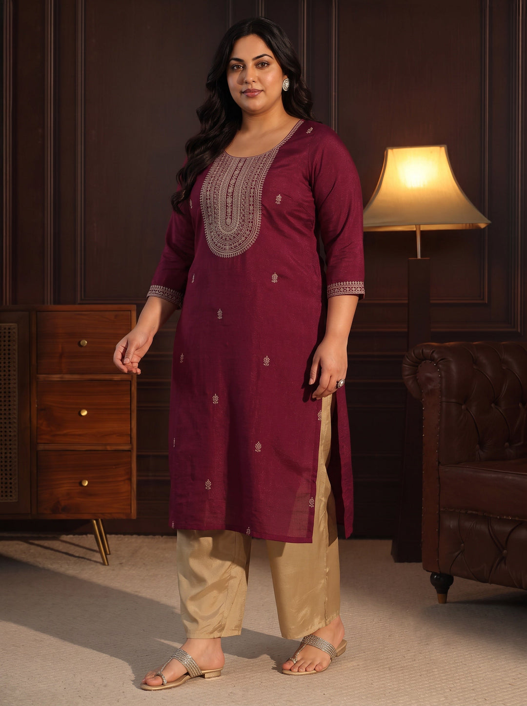  Plus Size Maroon Yoke Embroidered Silk Blend Straight Kurta 