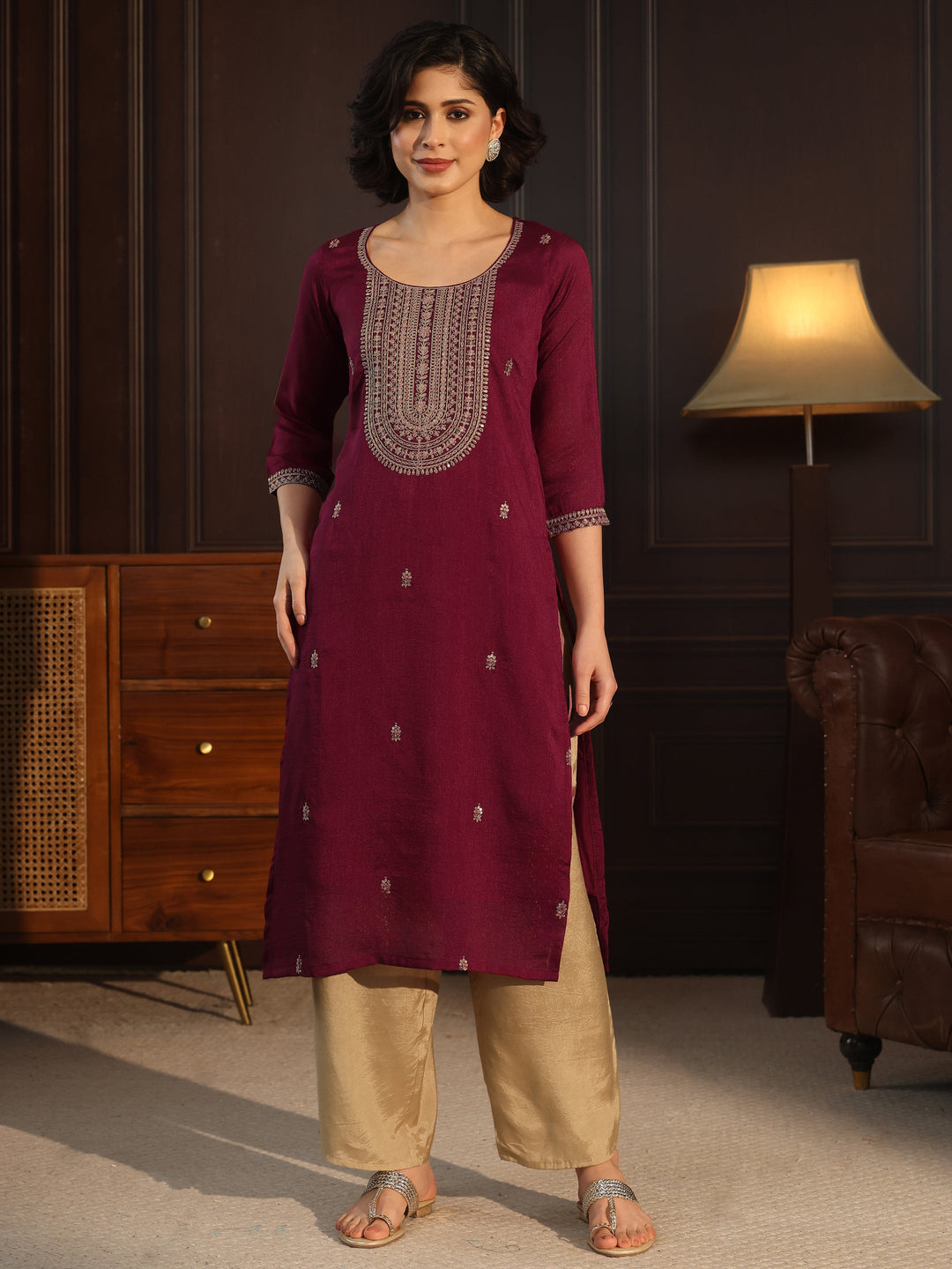  Libas Maroon Yoke Embroidered Silk Blend Straight Kurta 