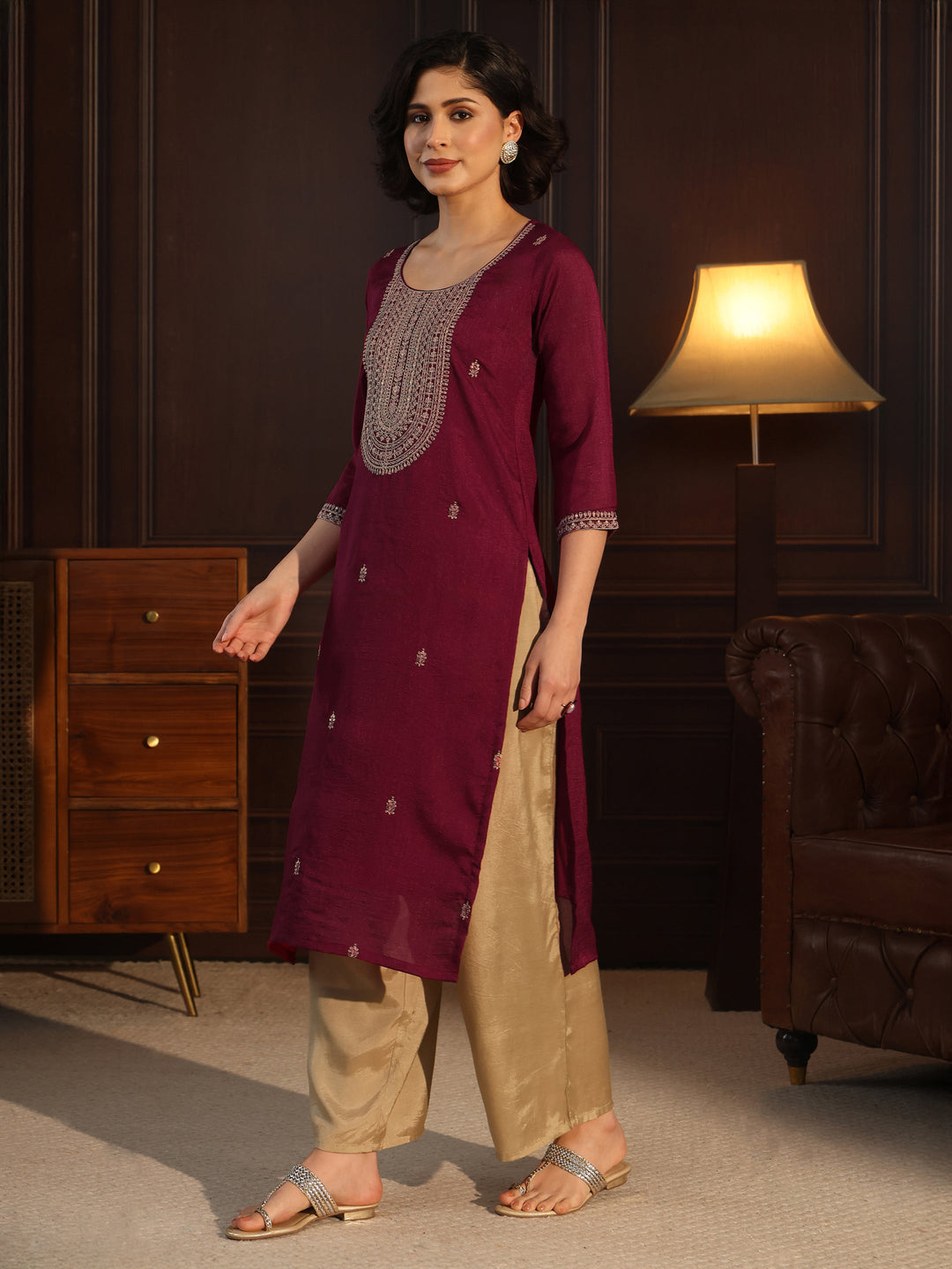  Libas Maroon Yoke Embroidered Silk Blend Straight Kurta 