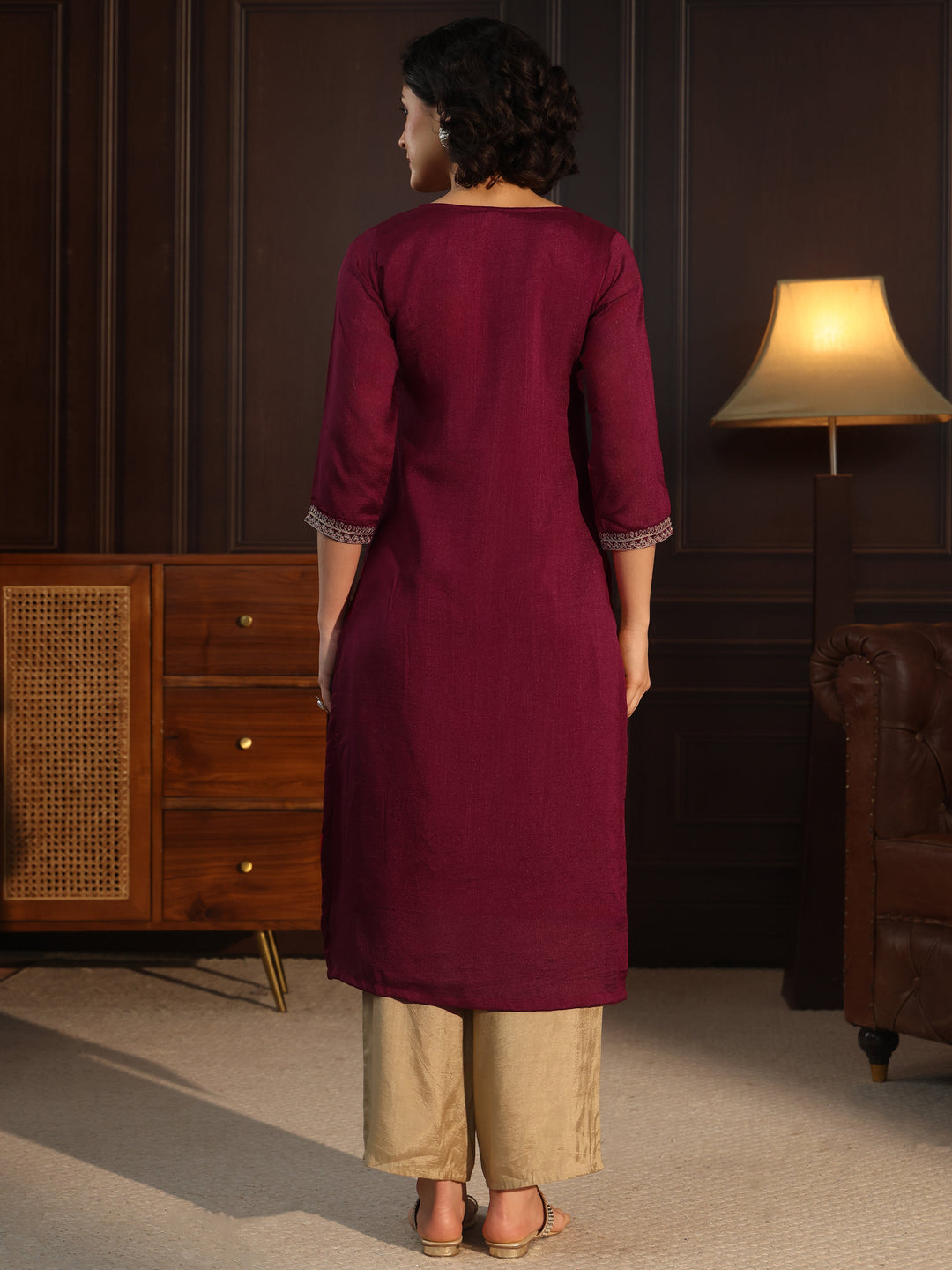  Libas Maroon Yoke Embroidered Silk Blend Straight Kurta 