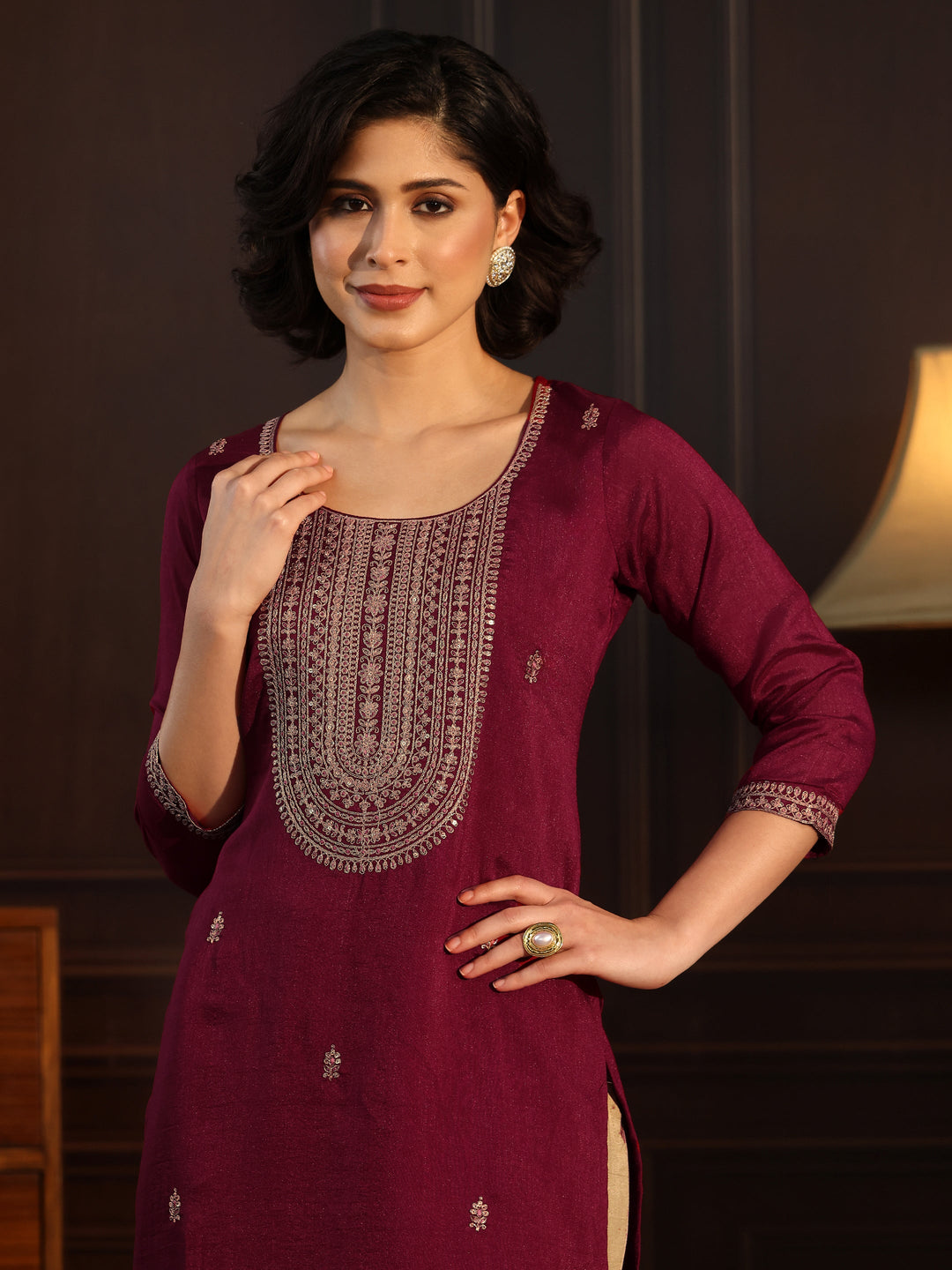  Libas Maroon Yoke Embroidered Silk Blend Straight Kurta 