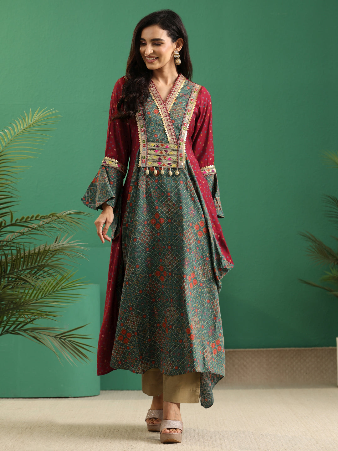  Libas Dusty Teal Blue Bandhani Silk Blend Cowl Style Kurta 