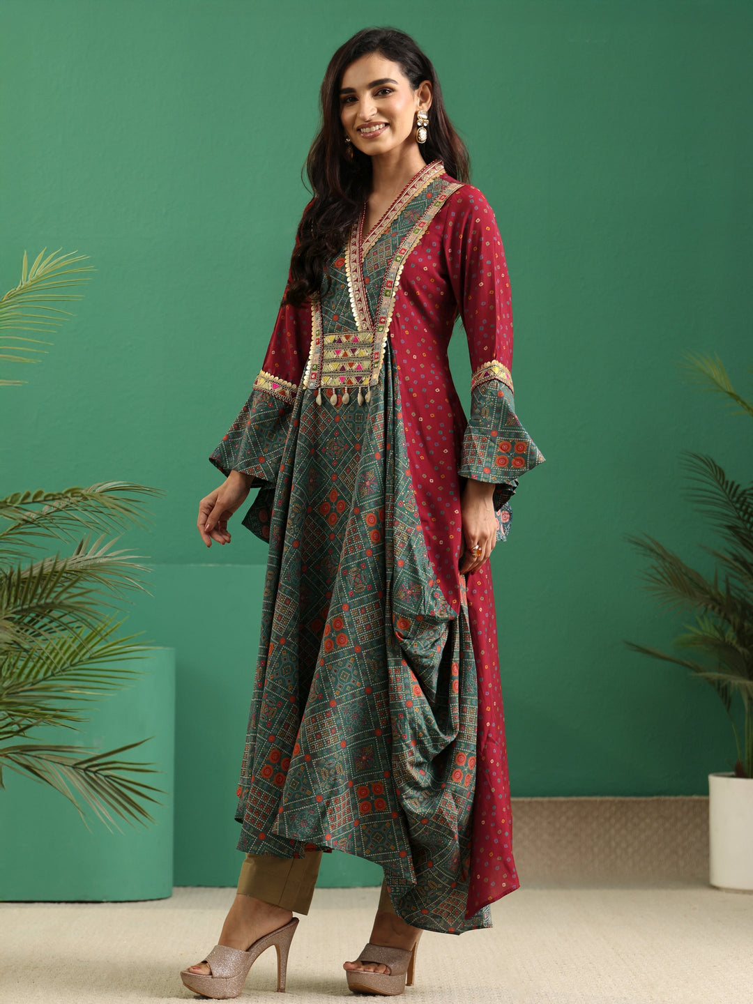  Libas Dusty Teal Blue Bandhani Silk Blend Cowl Style Kurta 