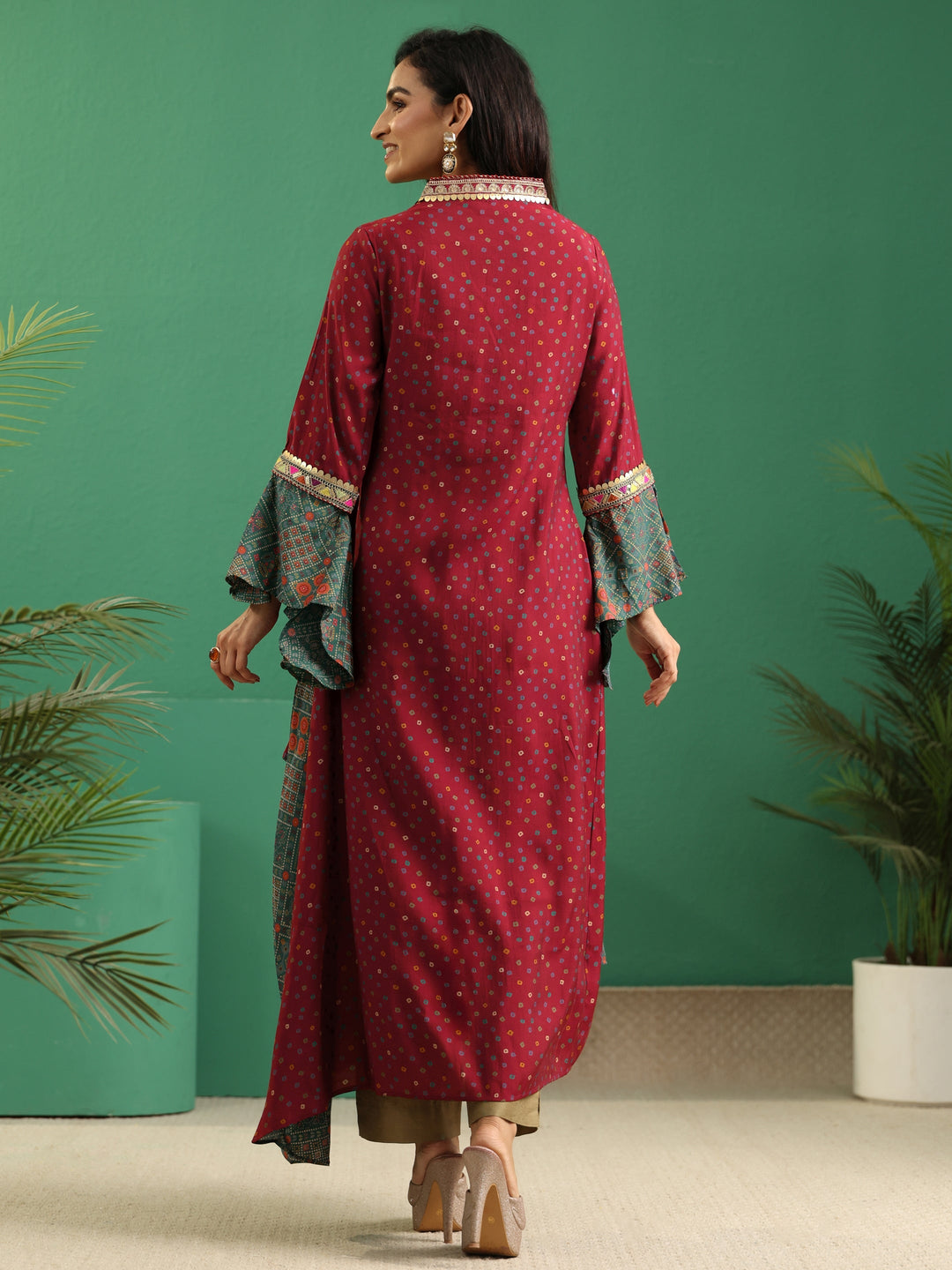  Libas Dusty Teal Blue Bandhani Silk Blend Cowl Style Kurta 