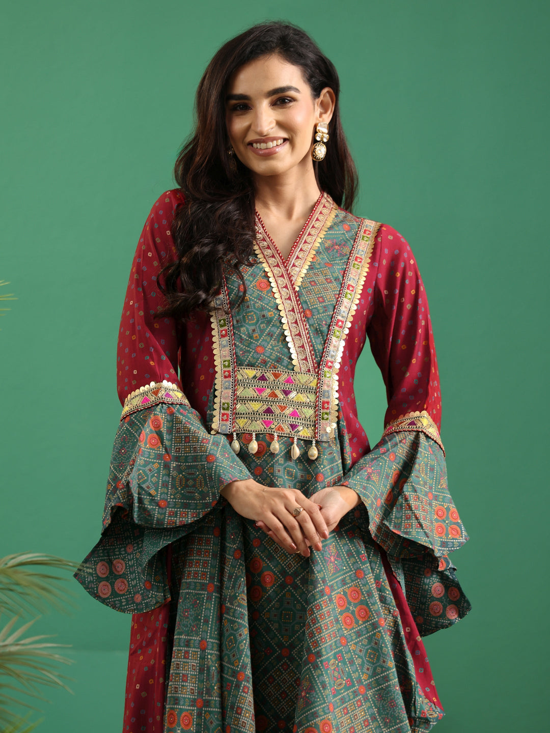  Libas Dusty Teal Blue Bandhani Silk Blend Cowl Style Kurta 