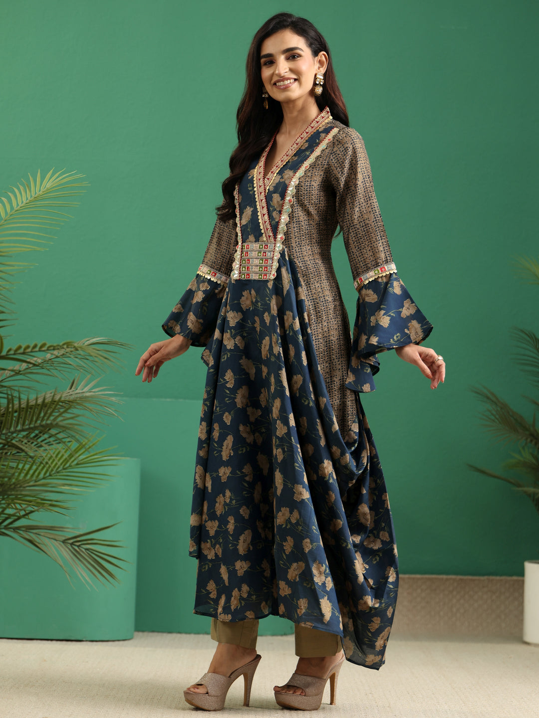  Libas Prussian Blue Floral Printed Silk Blend Cowl Style Kurta 