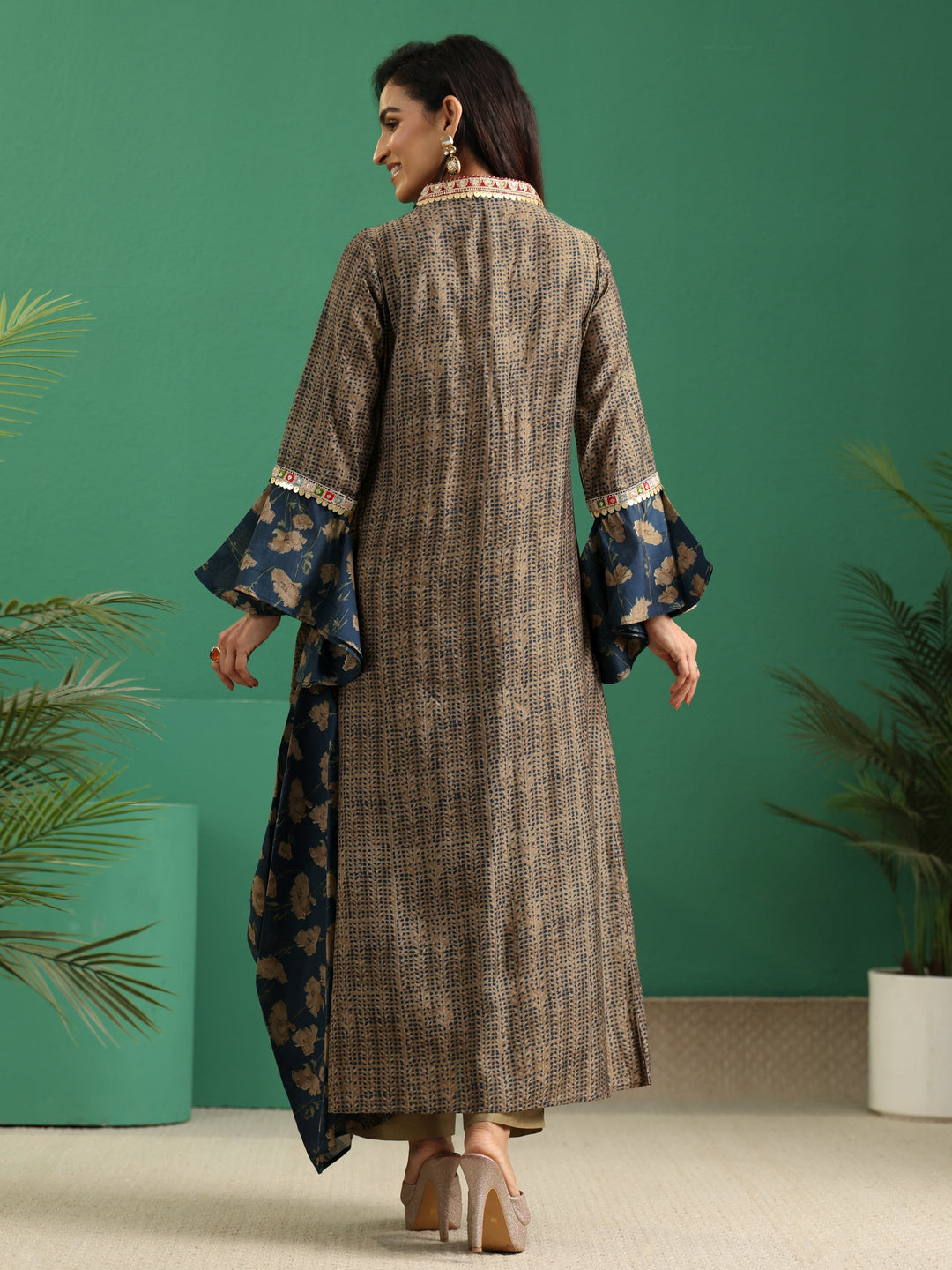  Libas Prussian Blue Floral Printed Silk Blend Cowl Style Kurta 