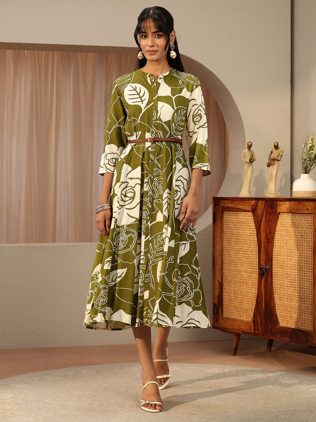  Olive Green Floral Printed Cotton Blend Shirt Dress 