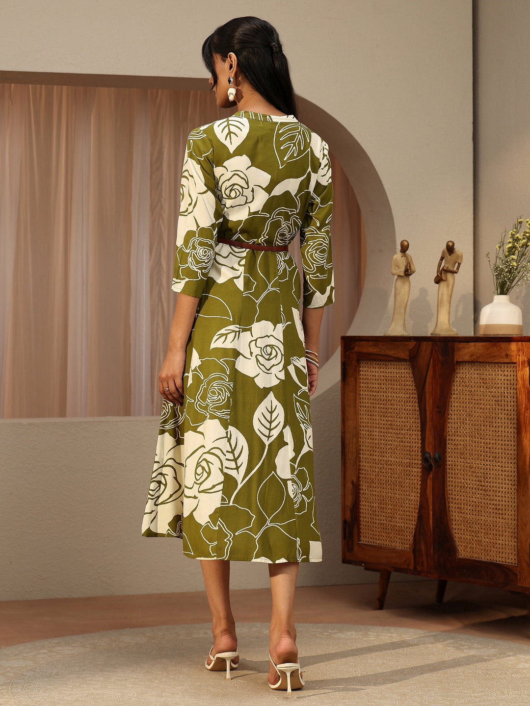  Olive Green Floral Printed Cotton Blend Shirt Dress 