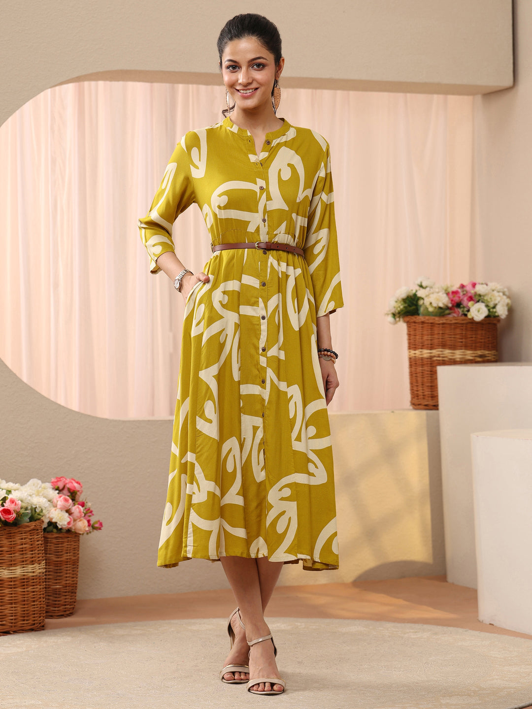  Mustard Floral Printed Cotton Blend A-Line Shirt Dress 