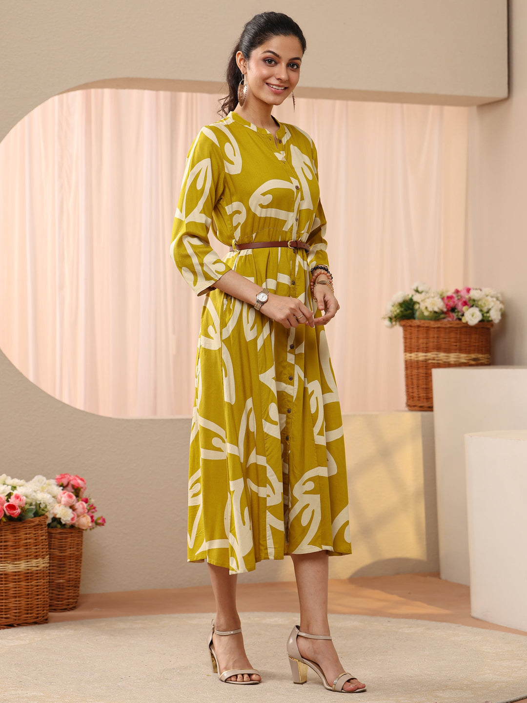  Mustard Floral Printed Cotton Blend A-Line Shirt Dress 