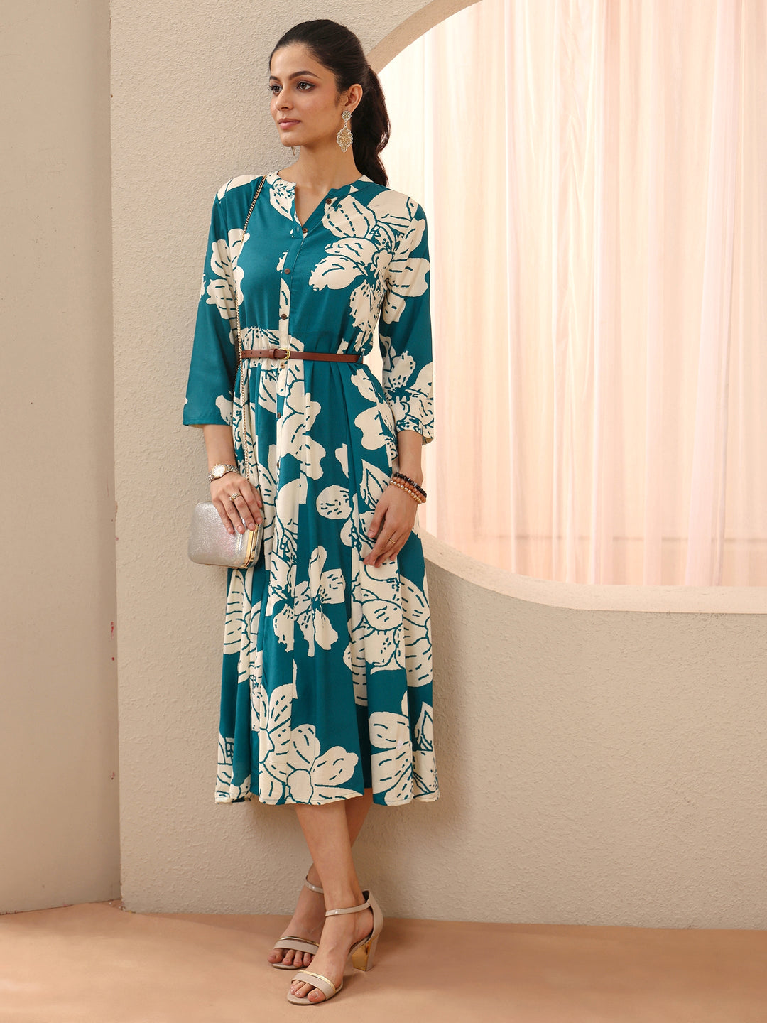  Blue Floral Printed Cotton Blend A-Line Shirt Dress 