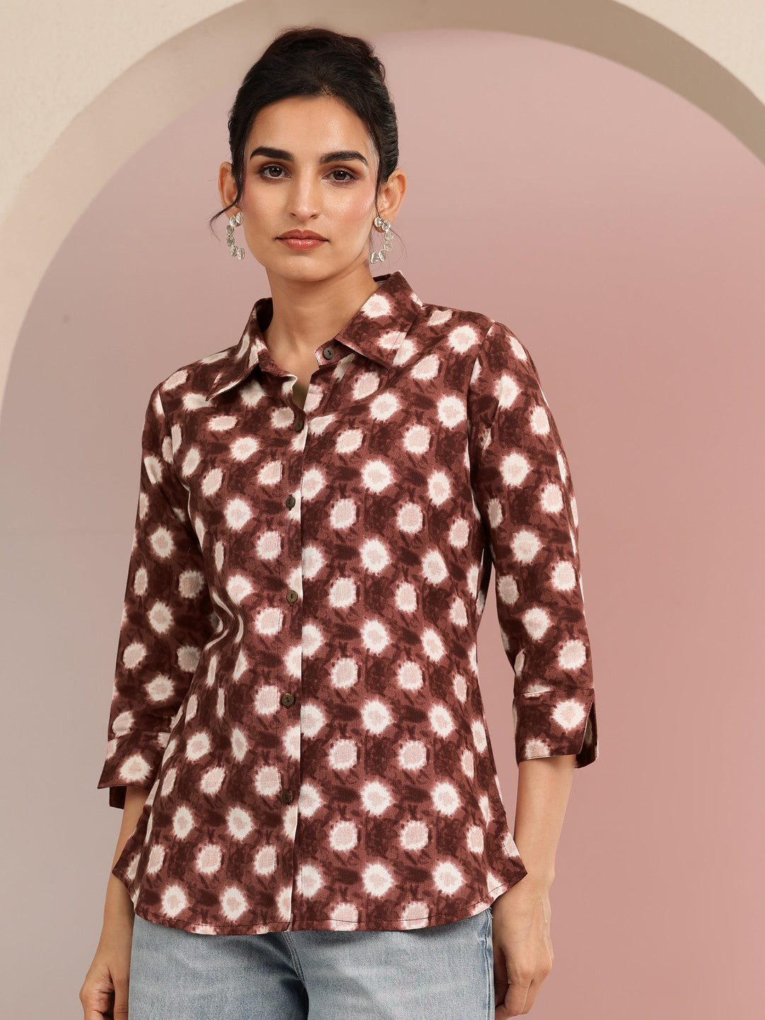  Brown Ikat Dot Printed Cotton Shirt 