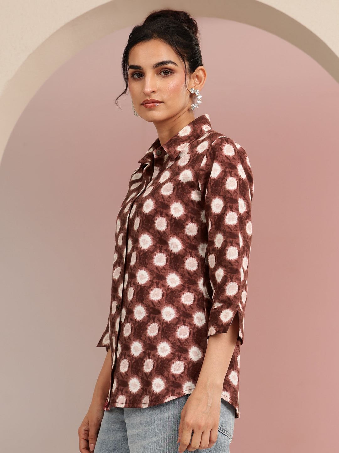  Brown Ikat Dot Printed Cotton Shirt 