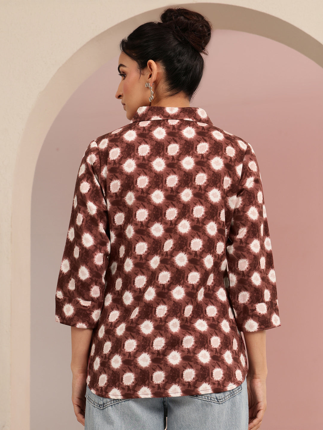  Brown Ikat Dot Printed Cotton Shirt 
