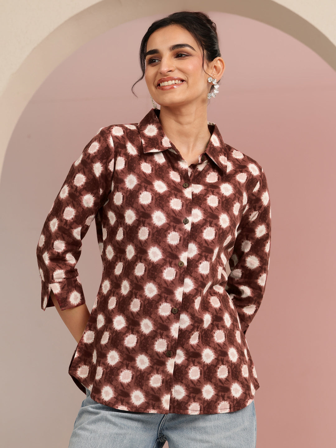  Brown Ikat Dot Printed Cotton Shirt 