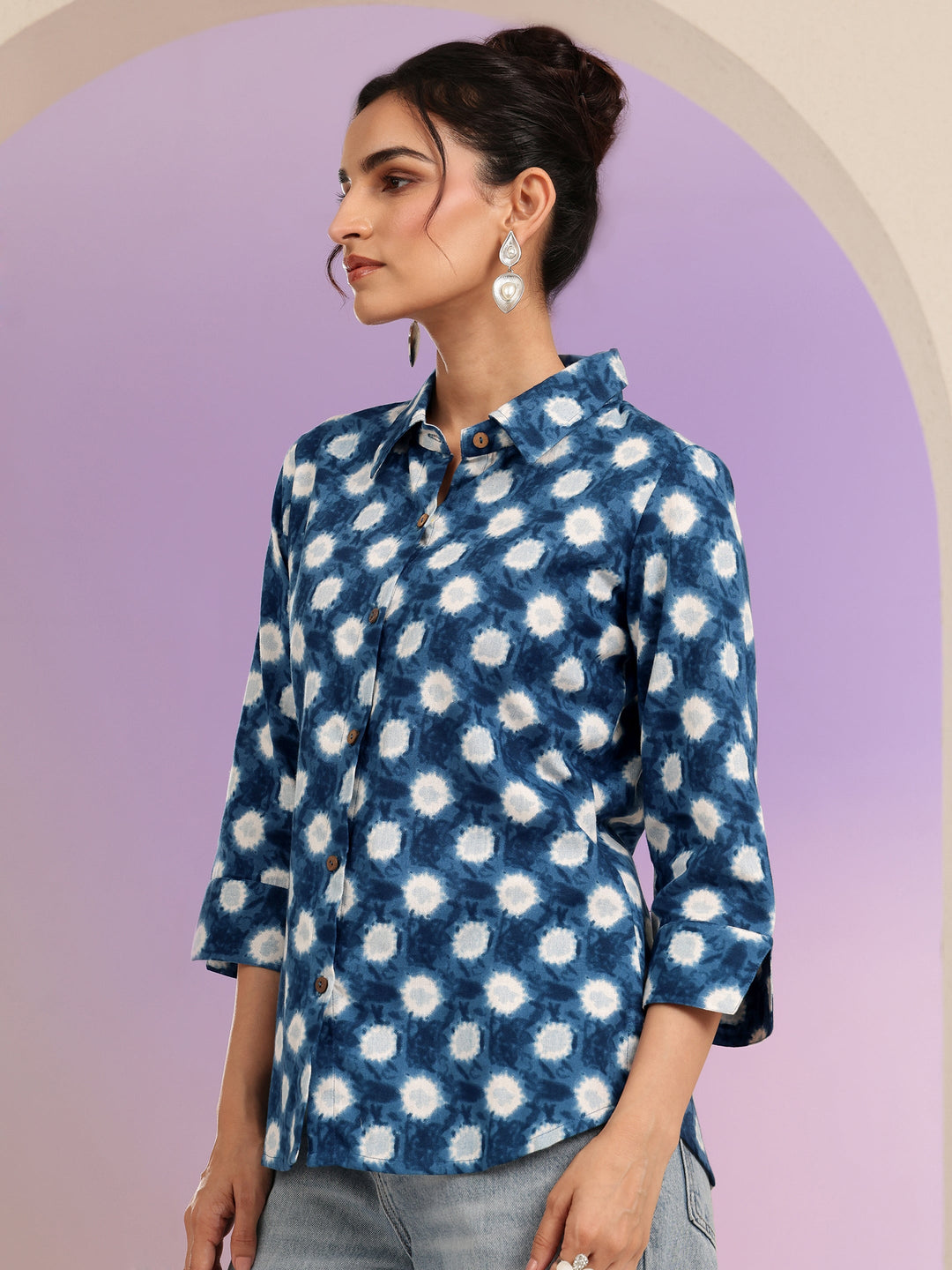  Blue Ikat Dot Printed Cotton Shirt 