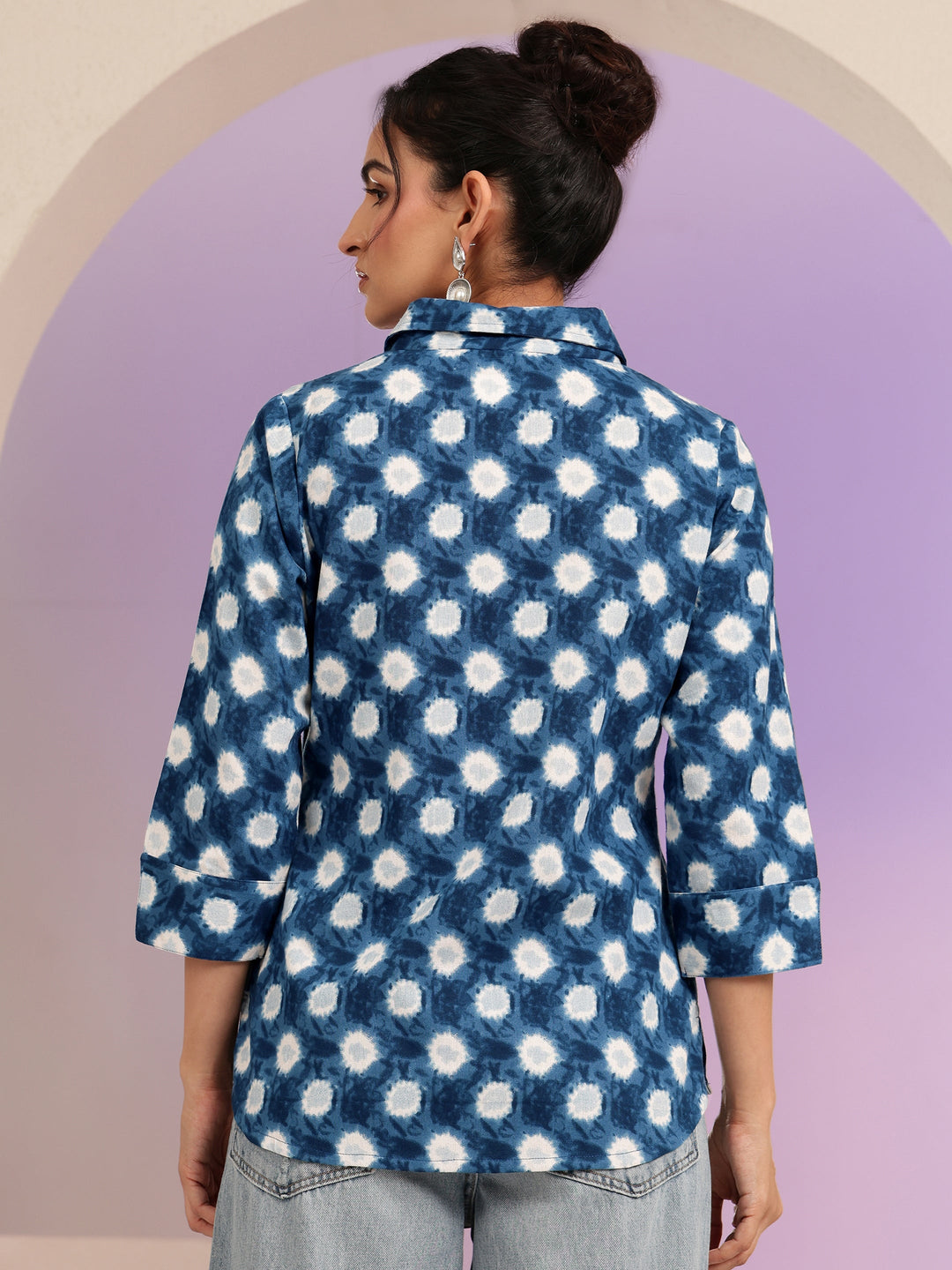 Blue Ikat Dot Printed Cotton Shirt 